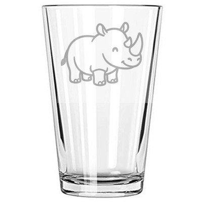 happy rhino Beer Glass Sandblast Etched engraved 16 oz pint