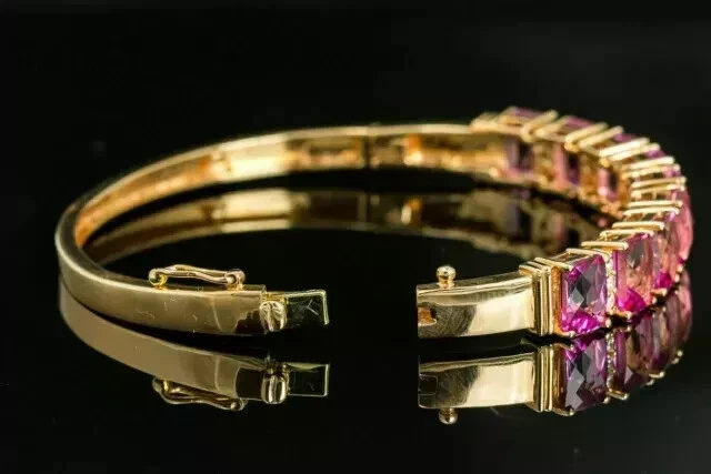 12Ct Emerald Cut Lab Created Ruby Women's Bangle Bracelet 14K Yellow Gold Plated - Image 3 of 4