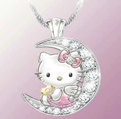 Lovely Cute Hello kitty On the Moon Pendant Necklace Little Girl's Jewelry Gift - 第 1/2 張圖片