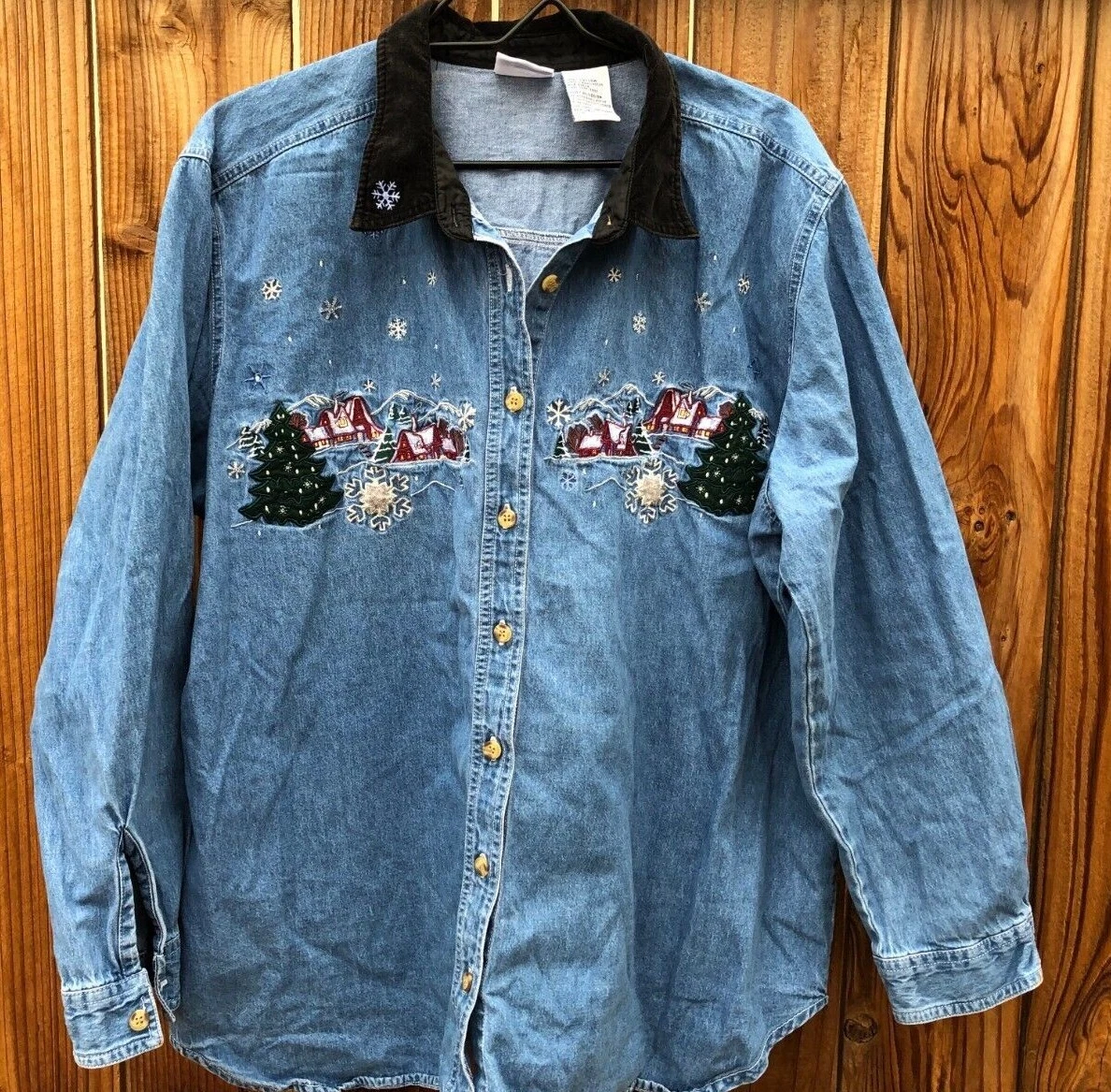 Bobbie Brooks Denim Shirt Womens 22W 24W Winter Christmas Long Sleeves Blue
