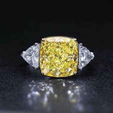Fine Cushion Cut Canary Yellow 4.10CT Citrine With Trillion CZ Three Stone Ring