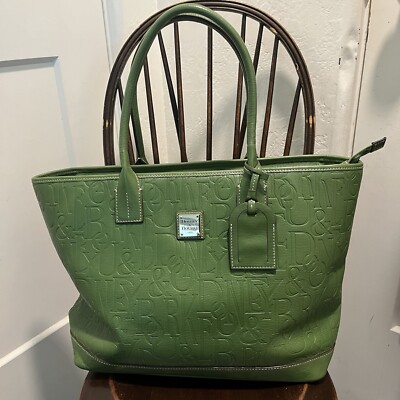 Dooney Bourke Green Embossed Logo Retro GRAFICA Graffiti Large Russel Tote 