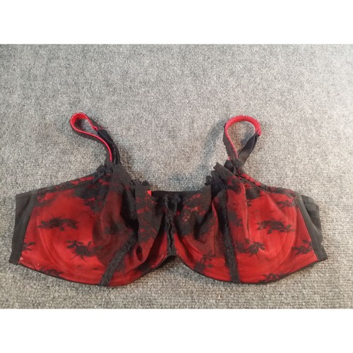 Cacique Bra Balconette Women Sz 44C Red Black Floral Lace Intimates