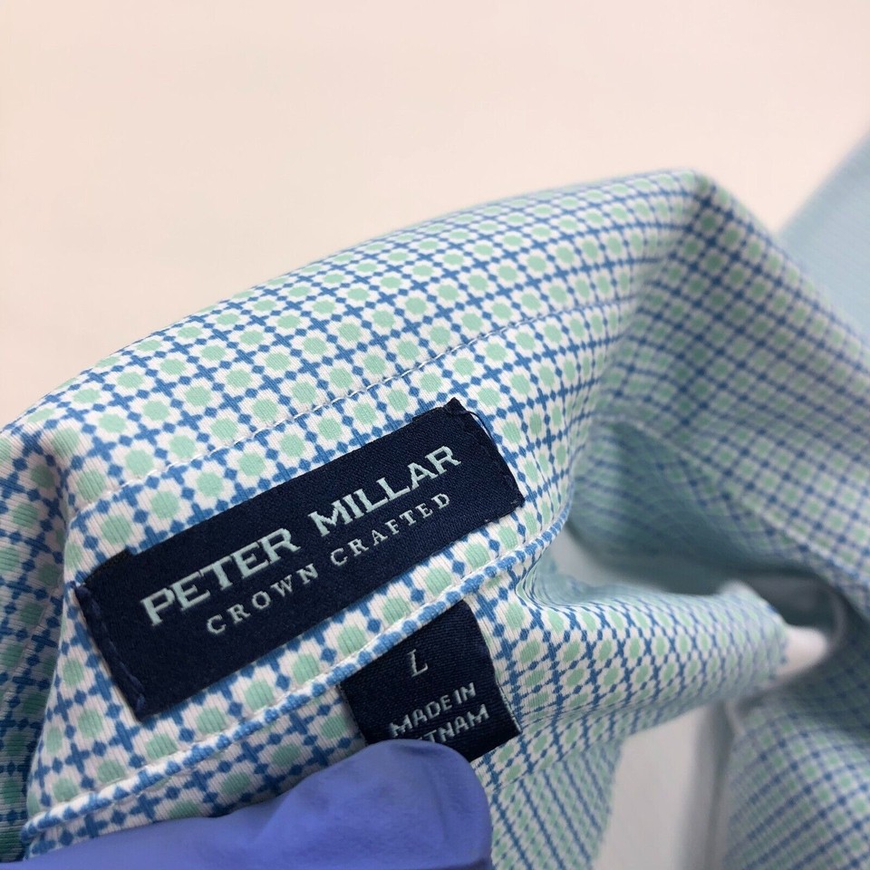 Peter Millar CROWN CRAFTERS Large MINT Blue Golf SS Stretch Button Polo