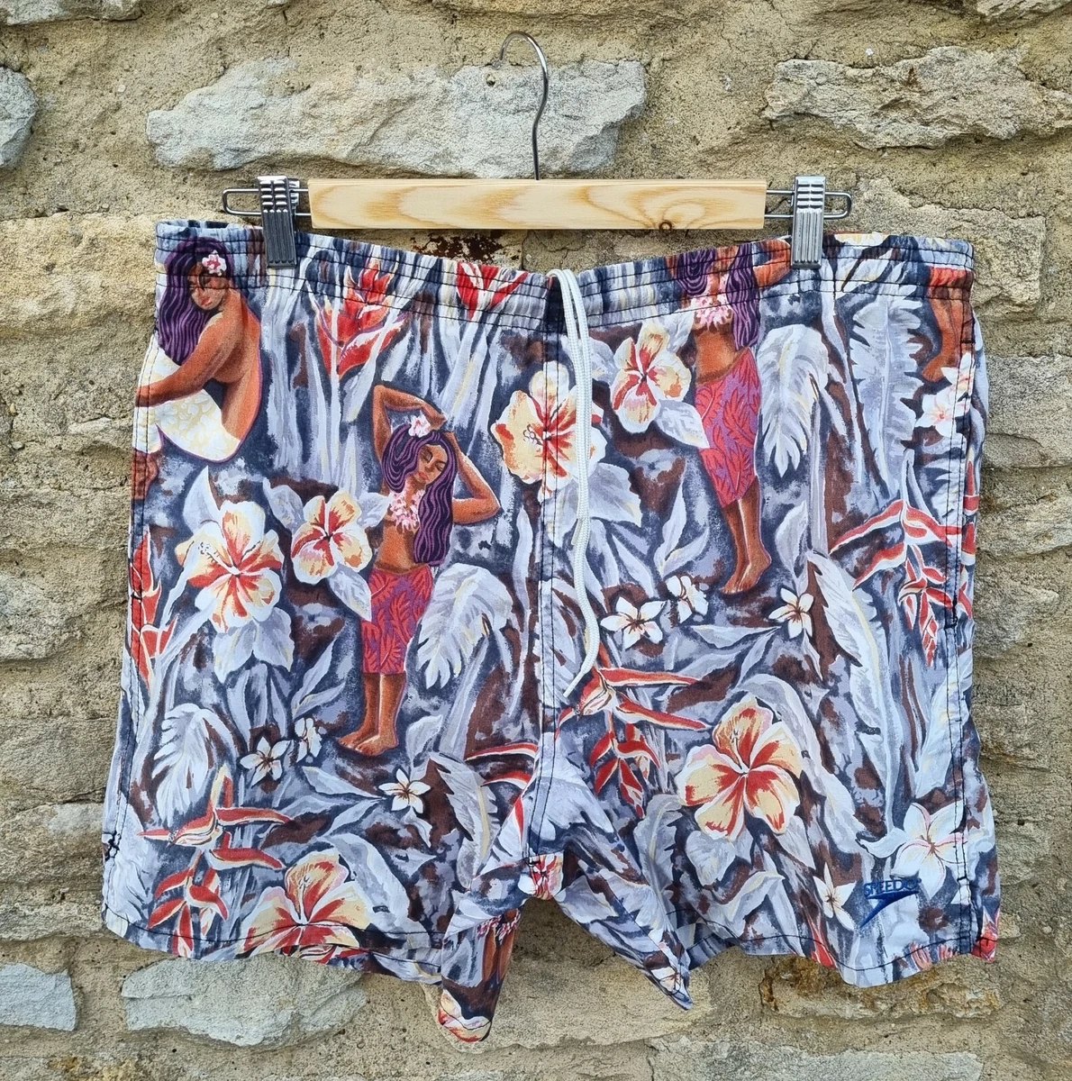 Vintage Speedo Hawaiian Swim Shorts Maori Women Floral Size Large