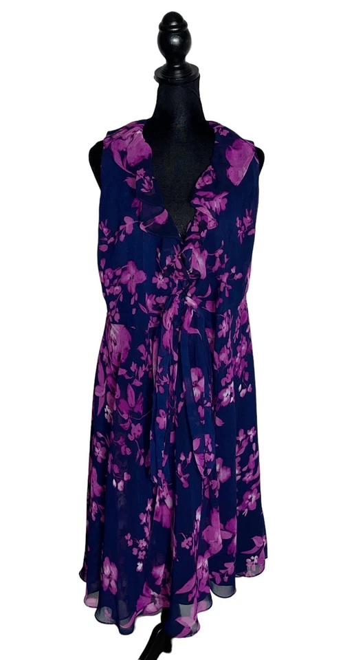 Vestido envolvente Ralph Lauren para mujer 10 azul marino púrpura floral de gasa con volantes Foto 2 de 4