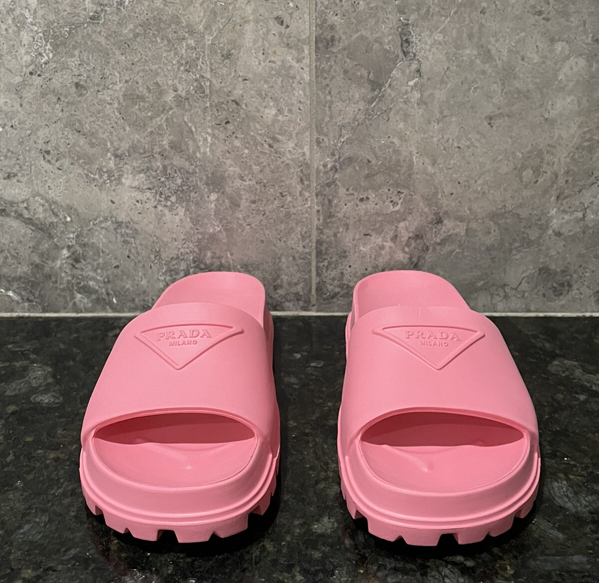 PRADA Women's Triangle Logo Rubber Slide Sandals Pink Size