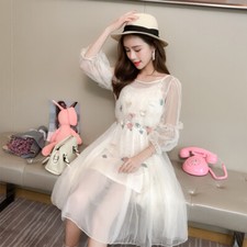 Summer Female Sweet 3/4 Sleeve Knee Length Dress Lace Mesh Dress A-Line Gown