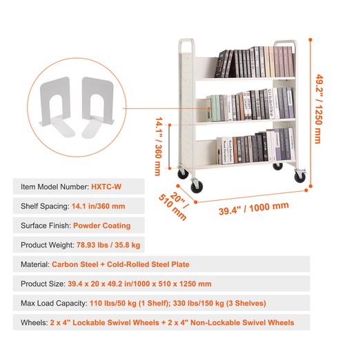Book Cart Library Cart 330 lbs Capacity with W-Shaped Shelves in White - Picture 7 of 11