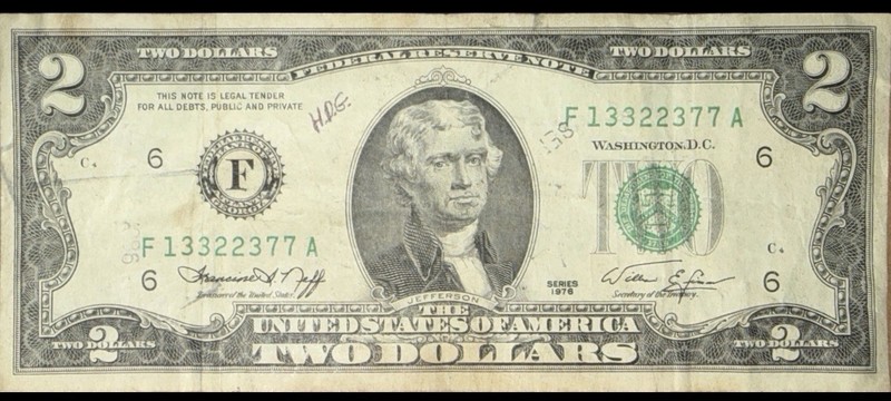 1976 $2 Dollar Federal Reserve Note (Washington, D.C.) Serial Number F13322377A