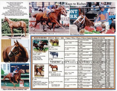 Race Horse Belmont Stakes Famous Filly Rags to Riches picture pedigree 8.5 X 11