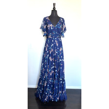 Mac Duggal Maxi Gown Dress Sz 6 Flounce Sleeve Floral Navy Blue
