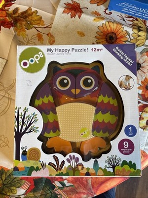 OOPS W00DEN ''MY HAPPY PUZZLE'' 12M+ - OWL - Baby Gift - New - 9 Piece W Base