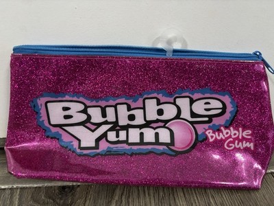 Bubble Yum Bubble Gum Pink Glitter Logo Zipper Pouch Pencil Case, Blue