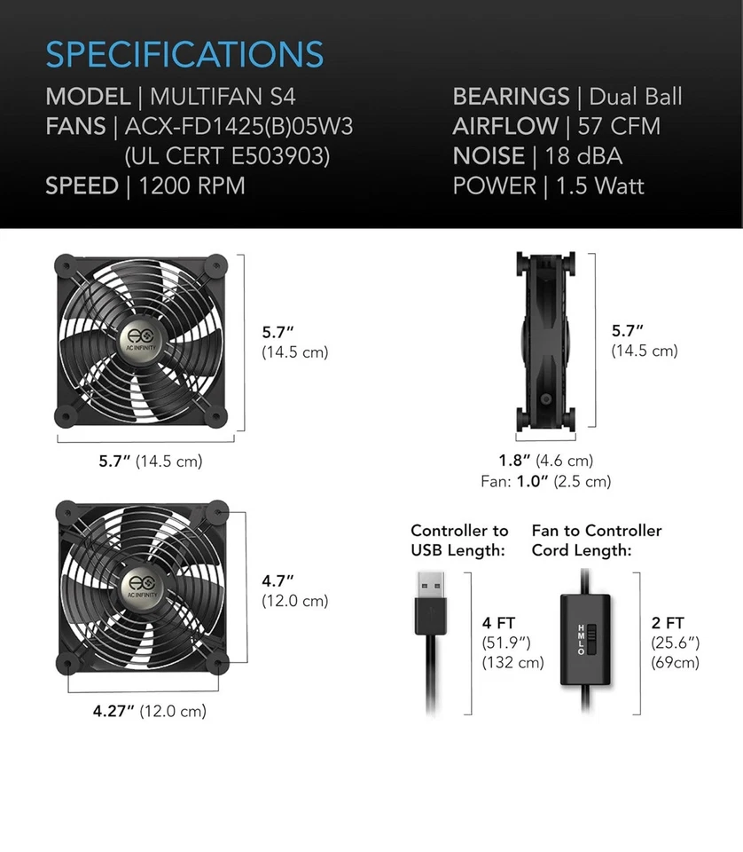 AC Infinity Multifan S4 140 mm Quiet USB Case Fan - Black (AI-MPF140A) - Image 2 of 4
