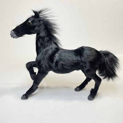 Vintage Realistic Black Stallion Horse Figurine Real Goat Fur & Glass Eyes 11 
