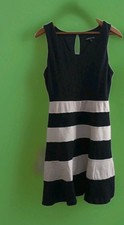 Express Fit & Flare Mini Dress Small P Black White Horizontal Stripe Skater Luxe