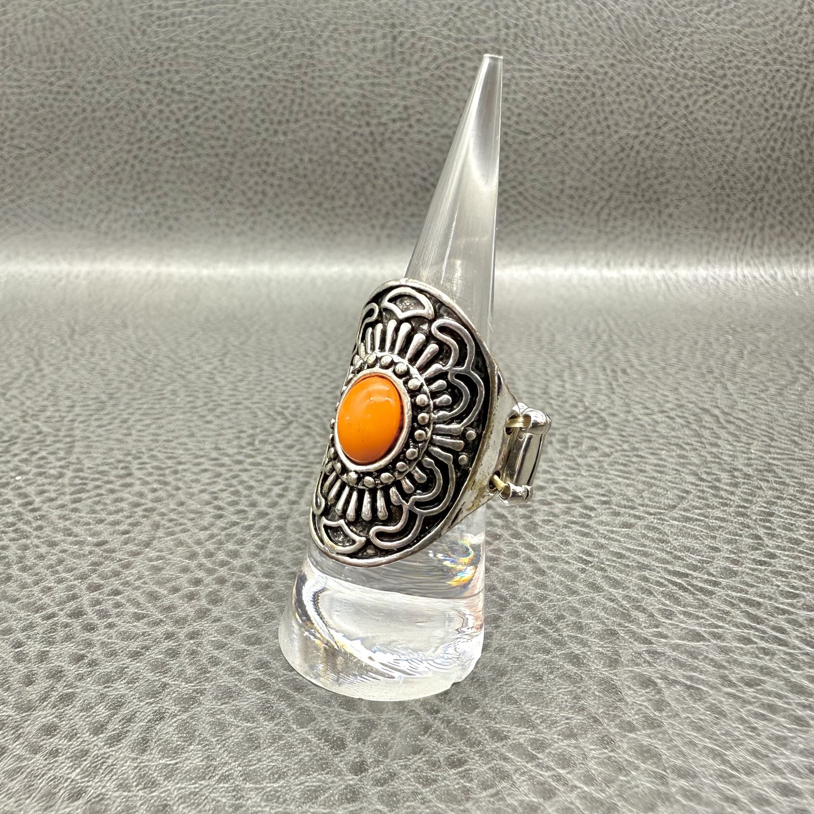 Silver Tone Statement Ring Adjustable Wide Stretch Band Boho Orange Cabochon