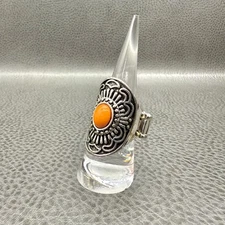 Silver Tone Statement Ring Adjustable Wide Stretch Band Boho Orange Cabochon
