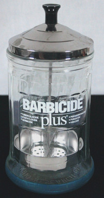 KING RESEARCH BARBICIDE DISINFECTING JAR   21 OZ (MIDSIZE) 8'' TALL STORE DISPLAY