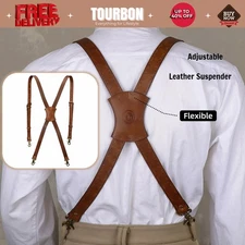 Tourbon Leather Men's Suspenders X Back Adjustable X-Shaped Hooks Pants Braces