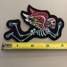 Flying Skeleton Embroidered Iron On Patch Wings Praying Halloween Art Skull