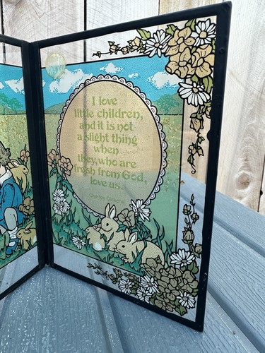 VTG Suncatcher Folding Glass Table Top Style Yorkcraft 1978 Kid Bunnies Dickens - Picture 2 of 10