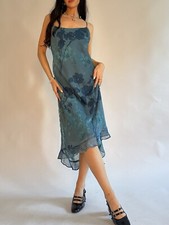 Vintage00s Alyn Paige Teal Blue Floral Asymmetrical Hem Flowy Mesh Midi Dress