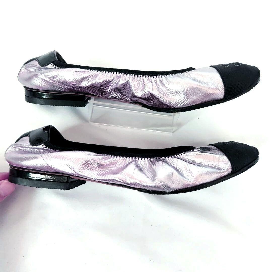 靴 CHANEL Coco Mark Ballerina SILVER BLACK CHANEL Coco Mark Ballerina Flat Shoes Ladies Size JP/23.5 EU