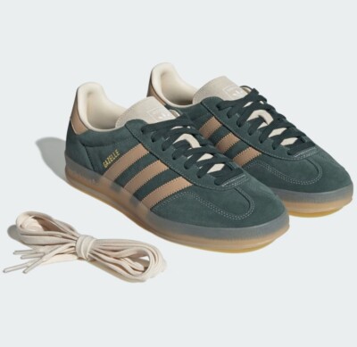 New Adidas Gazelle Indoor Shoes - Shadow Green / Warm Sandstone New Adidas Gazelle Indoor Shoes - Shadow Green / Warm Sandstone