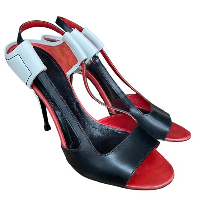 GIVENCHY Black, White, Red Colorblock Leather Open Toe Heeled Sandals, Size 36