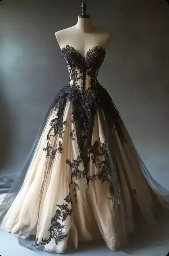 Gothic Wedding Dresses Black Lace Sweetheart Off Shoulder A Line Bridal Gowns - Image 4 of 4