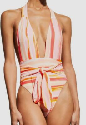 $295 Milly Cabana Women Pink Sunset Stripe Halter One Piece Swimsuit Size Small