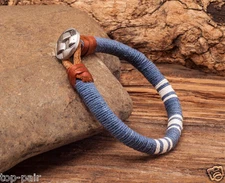 Classic Surfer Cotton Wraps Leather Men's Leather Wristband Bracelet Cuff Grey C