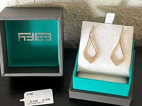 EFFY Teardrop Pave Dangle Earrings 14k Yellow Gold 2.6 gr. in Box
