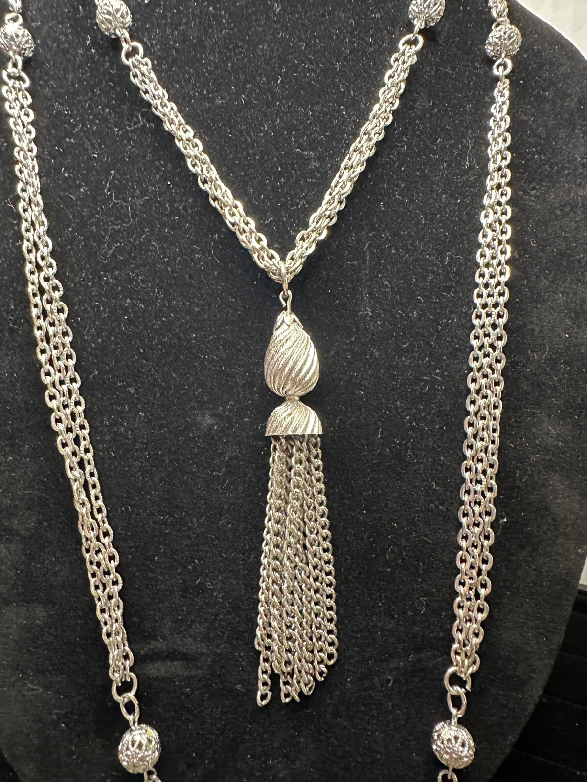 Two Statement 26" Long Silver-Tone Beaded Necklac… - image 2