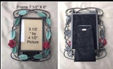 Vintage Floral Metal Picture Frame Green Leaves  Roses