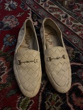 Sam Edelman Loraine Woven Eggshell Leather Classic Chain Detail Vamp Loafers