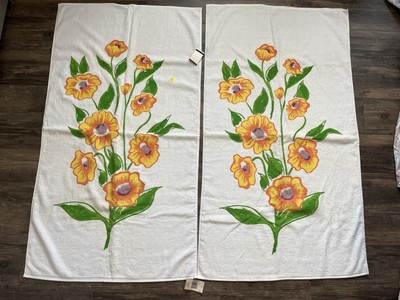 Vtg Home New Set Of 2 Bath Towels  Floral Cream Cotton