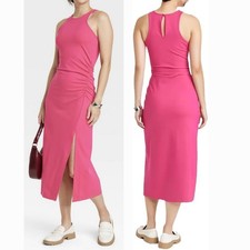 NWT A New Day Pink Ruched Bodycon Sleeveless Casual Midi Dress Front Slit Small