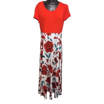 CBR Floral Maxi Dress Womens L Red A-Line Stretch Short Sleeve