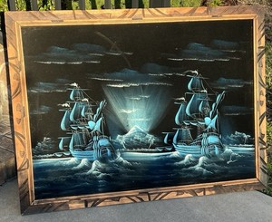 Vtg Black Velvet Felt Painting Large Pirate Ship Scene MCM Signed 38" X 29"