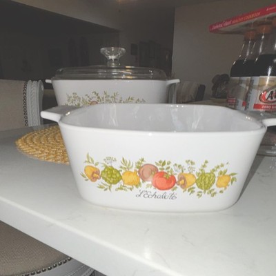 CorningWare Square Casserole Dish Vegetable Motif With Lid Glass Ceramic White