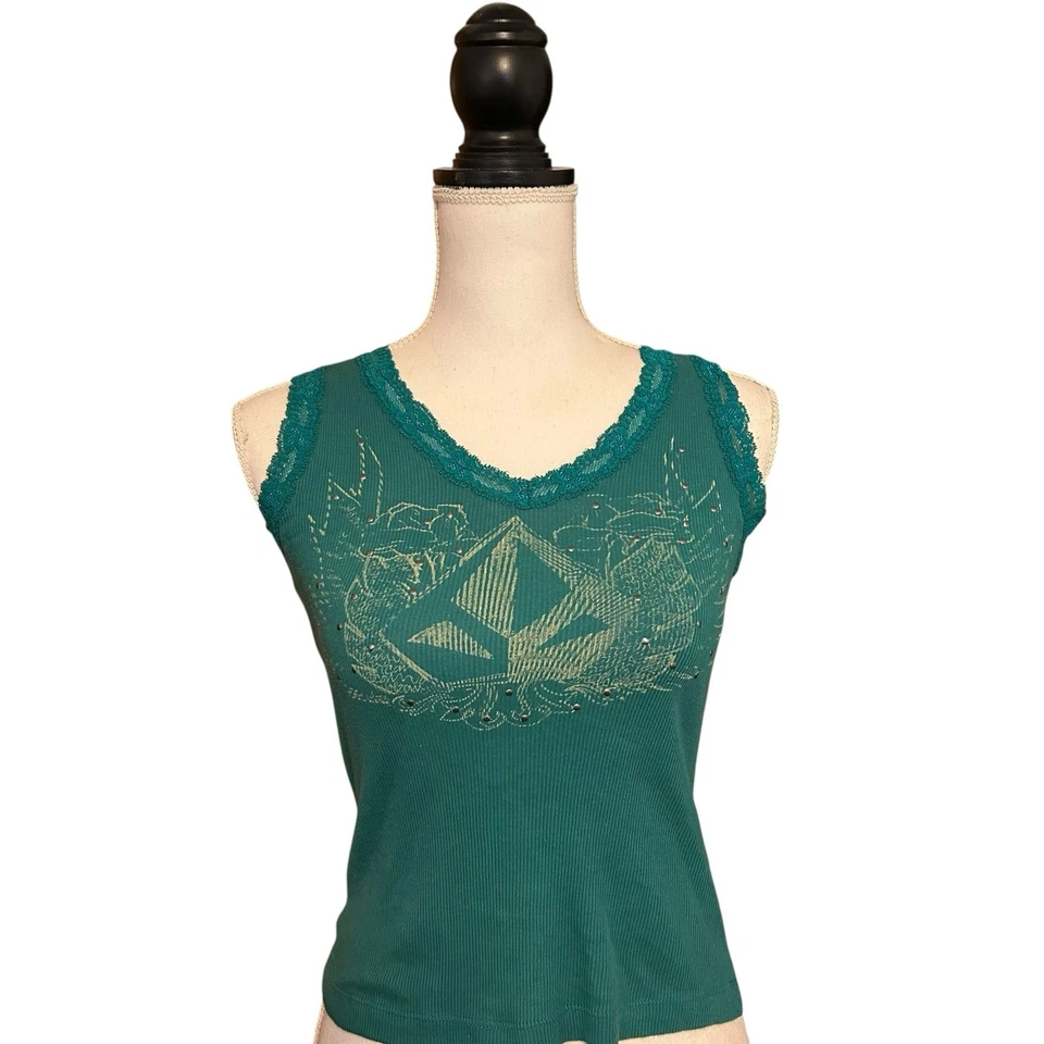 Vintage Volcom Womens Y2K Lace Trim Ribbed Tank Studded  Size S Green 90s - Image 3 of 4