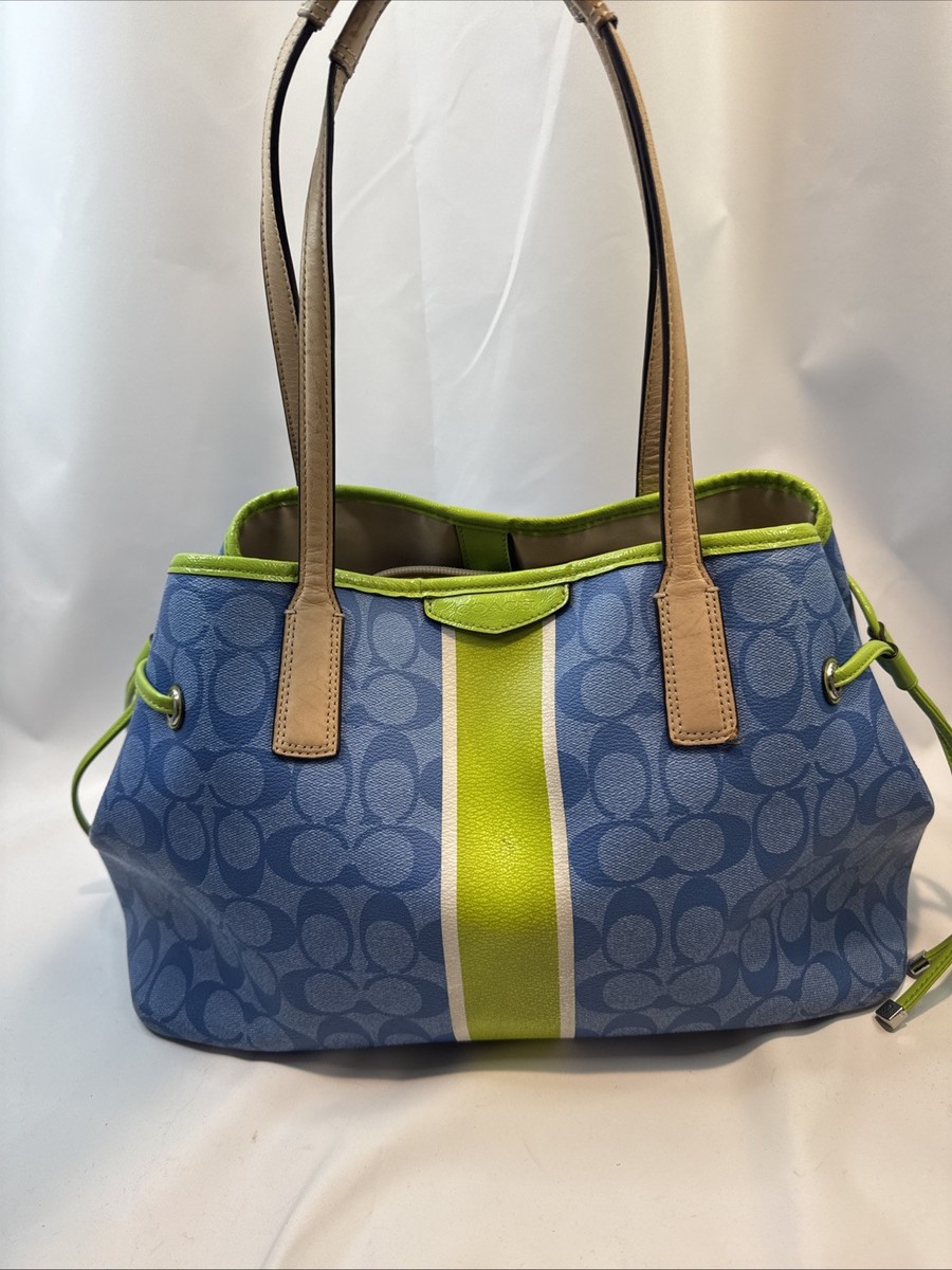Coach F29064 Blue Signature Tote Lime Stripe Shoulder Bag | eBay