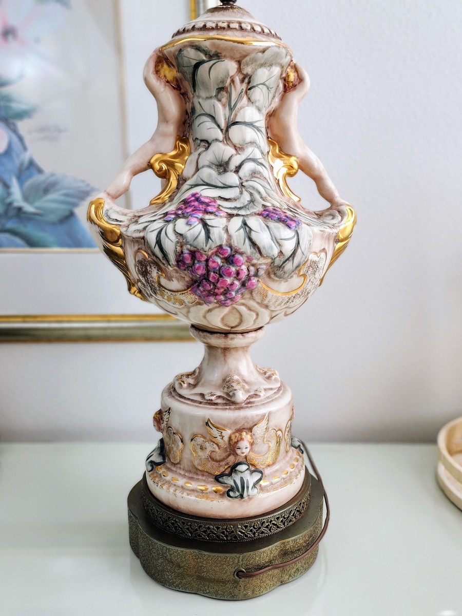 Vintage Italian Capodimonte Porcelain Lamp Hand Painted Cherubs