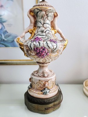 Vintage Italian Capodimonte Porcelain Lamp Hand Painted Cherubs