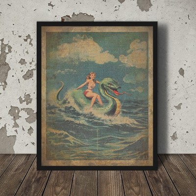 Vintage LOCH NESS MONSTER Wall Art, Nessie Pinup Girl Nautical Cryptid Decor