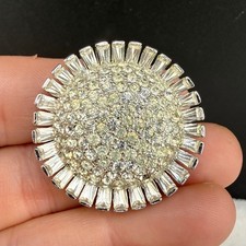 Vintage Rhinestone Sunburst Brooch Silver Tone Clear Pave Baguette READ