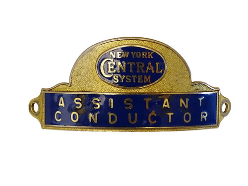 Vtg. New York Central System Assistant Conductor Hat Cap Badge - 4" Brass & Blue